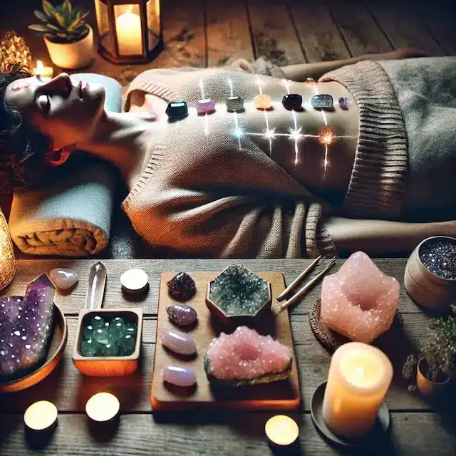 “chakra balancing with healing crystals on body”