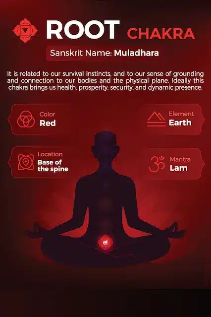 The first of seven chakras is the “root chakra, represented by a red crystal at the base of the spine.”