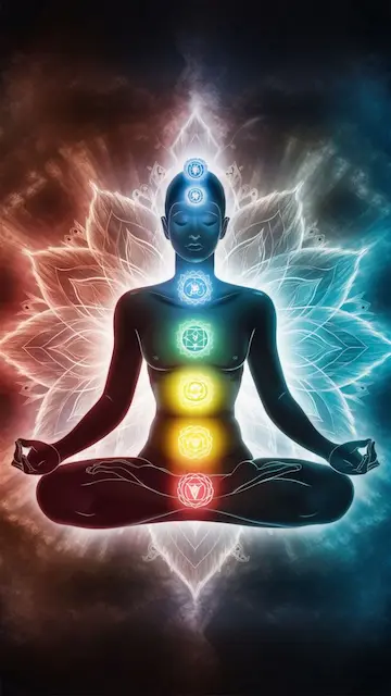 “Seven chakra stones aligned along the body for energy balance and healing.”