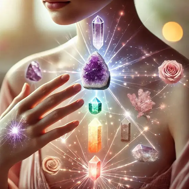 “Meditation with healing crystals on on chakras”