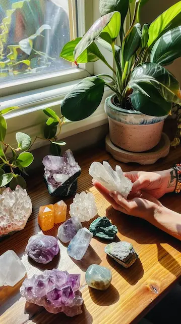 Placing Crystals in sunlight for energy recharging.